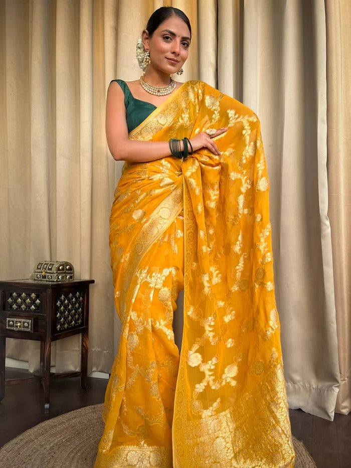 Desirable Yellow Soft Silk Saree With Super classy Blouse Piece