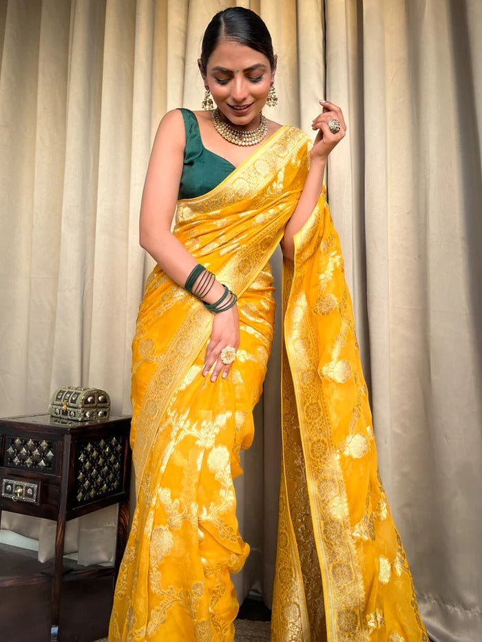 Desirable Yellow Soft Silk Saree With Super classy Blouse Piece