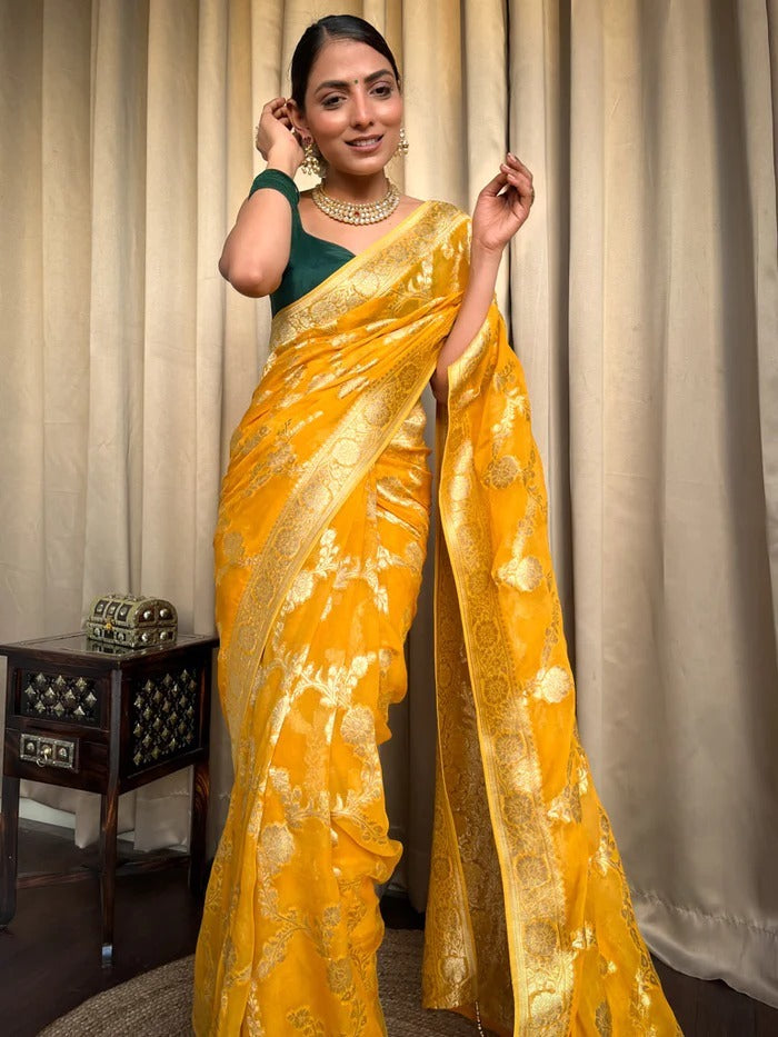 Desirable Yellow Soft Silk Saree With Super classy Blouse Piece