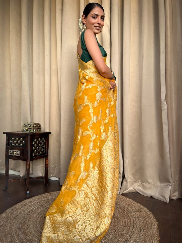 Desirable Yellow Soft Silk Saree With Super classy Blouse Piece