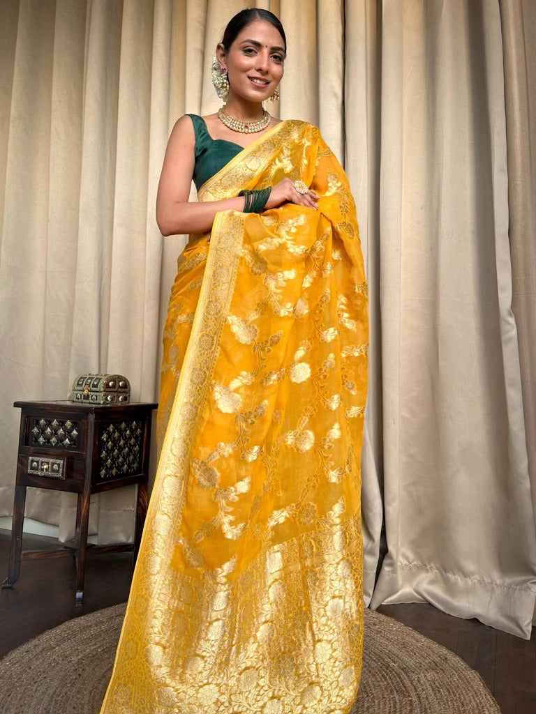 Desirable Yellow Soft Silk Saree With Super classy Blouse Piece