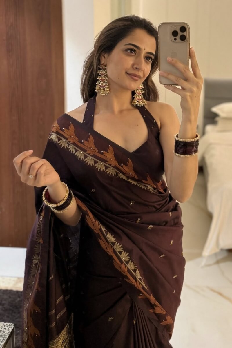 Vibrant Brown Soft Silk Saree With Excellent Blouse Piece