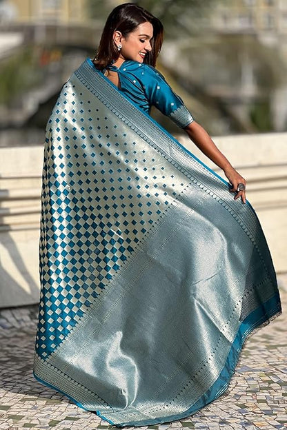 Beguiling Firozi Soft Silk Saree With Dazzling Blouse Piece