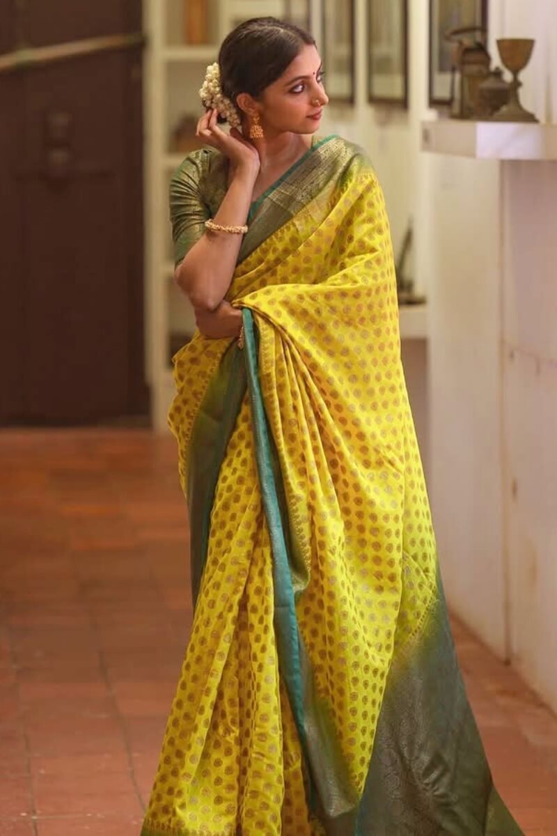 Ephemeral Yellow Soft Silk Saree With Ornate Blouse Piece