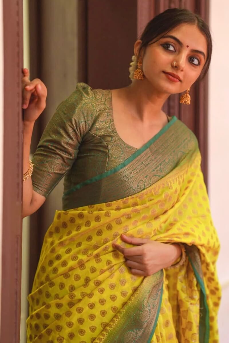 Ephemeral Yellow Soft Silk Saree With Ornate Blouse Piece