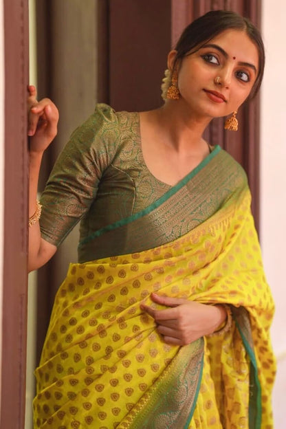 Ephemeral Yellow Soft Silk Saree With Ornate Blouse Piece