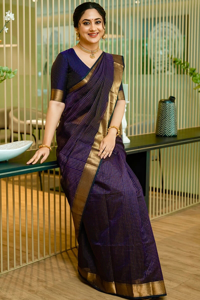 Adoring Navy Blue Soft Silk Saree With Delightful Blouse Piece