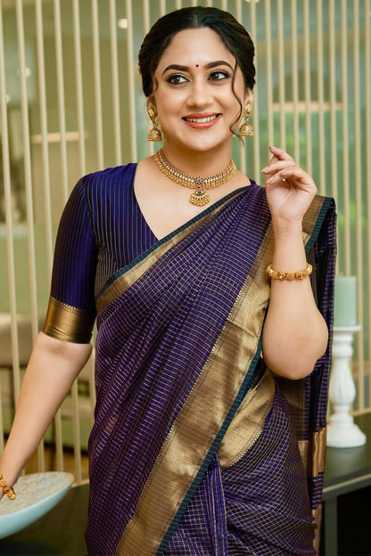 Adoring Navy Blue Soft Silk Saree With Delightful Blouse Piece