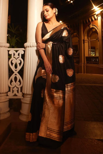 Surpassing Black Soft Silk Saree With Outstanding Blouse Piece