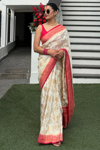 Elision Beige Soft Silk Saree With Elaborate Blouse Piece