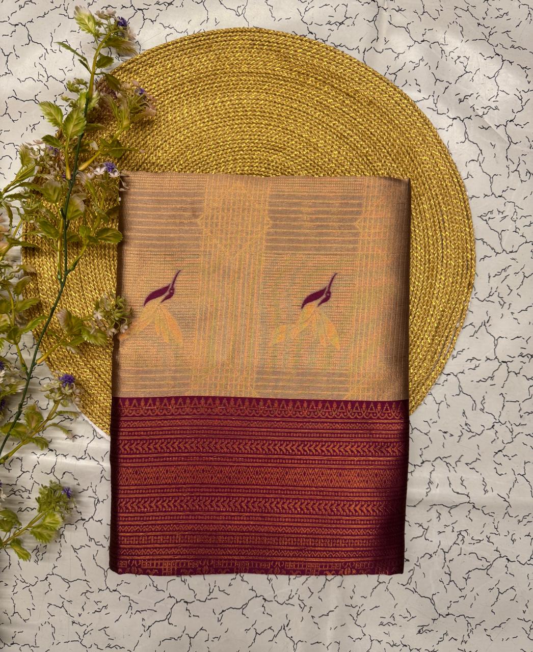 Fugacious Beige Soft Banarasi Silk Saree With Lagniappe Blouse Piece