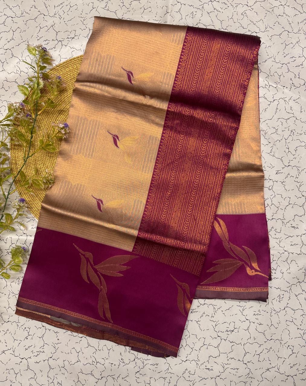 Fugacious Beige Soft Banarasi Silk Saree With Lagniappe Blouse Piece
