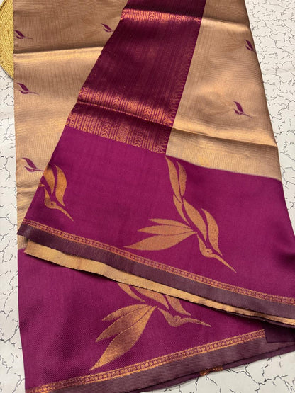 Fugacious Beige Soft Banarasi Silk Saree With Lagniappe Blouse Piece