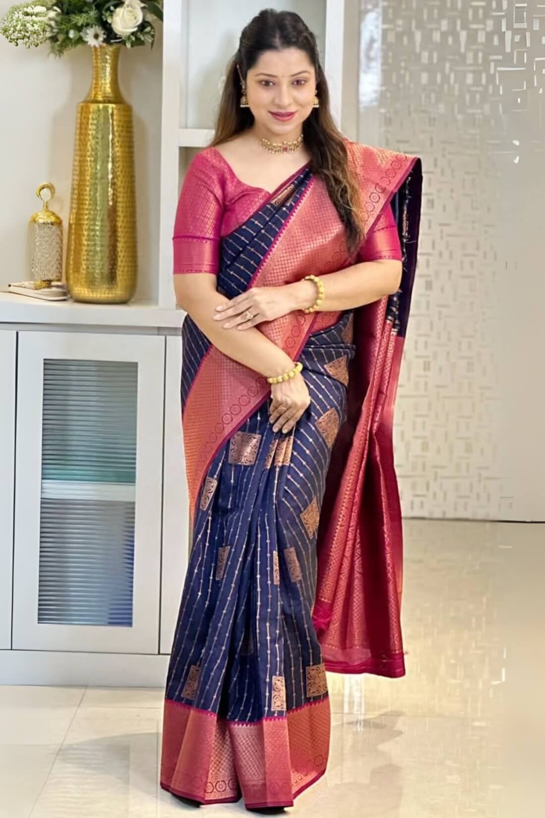 Evocative Navy Blue Soft Silk Saree With Scintilla Blouse Piece