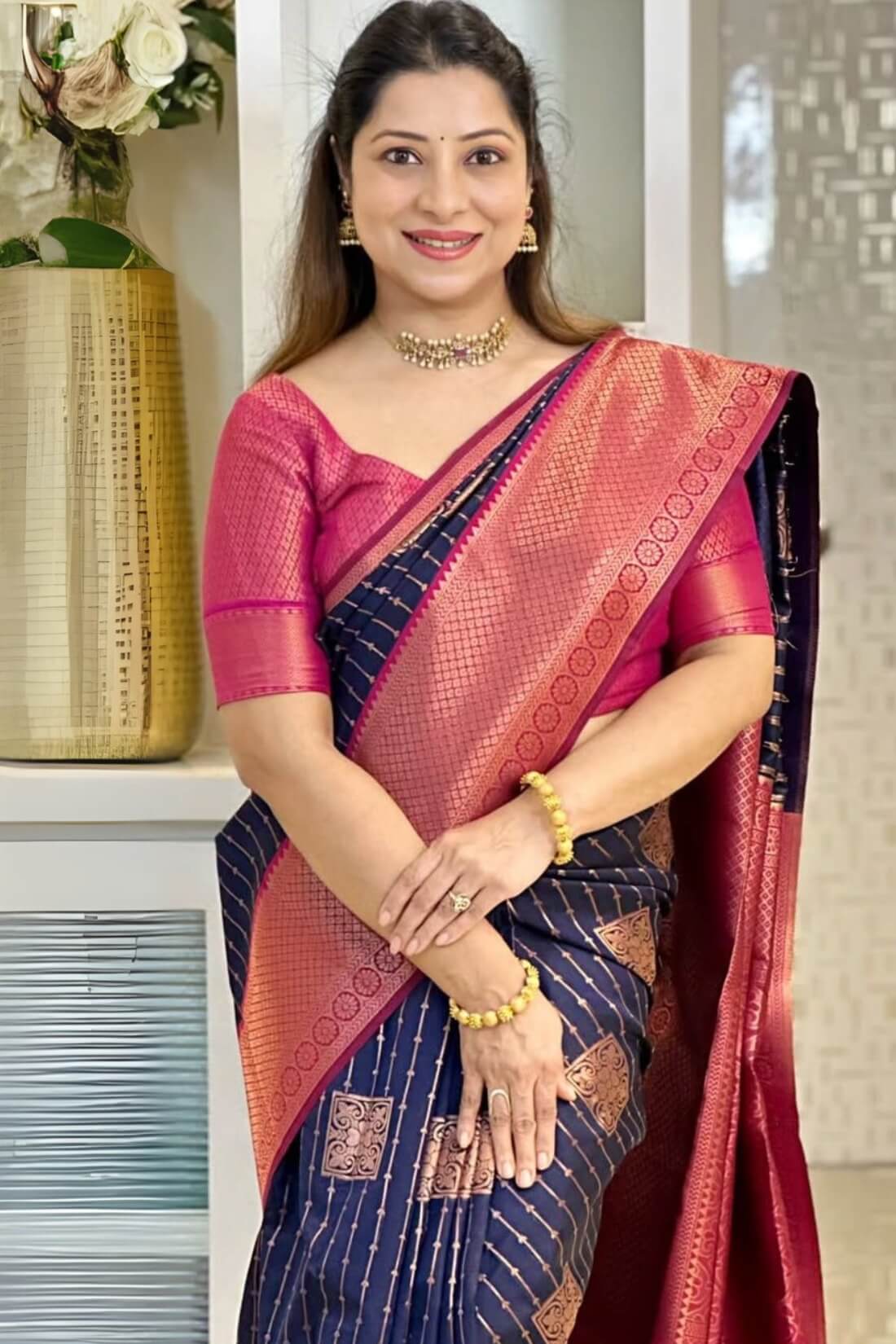 Evocative Navy Blue Soft Silk Saree With Scintilla Blouse Piece