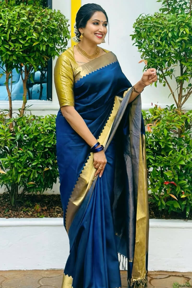 Rhapsody Navy Blue Soft Silk Saree With Fairytale Blouse Piece
