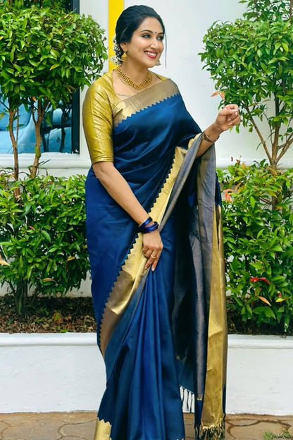 Rhapsody Navy Blue Soft Silk Saree With Fairytale Blouse Piece