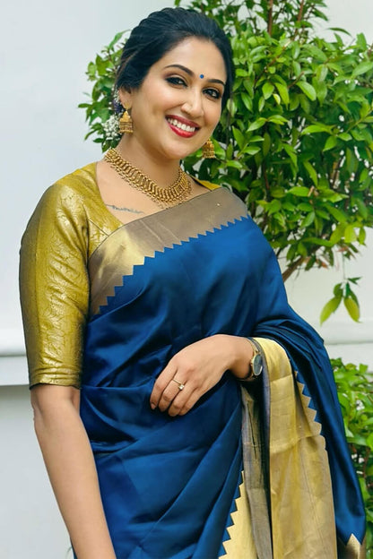 Rhapsody Navy Blue Soft Silk Saree With Fairytale Blouse Piece