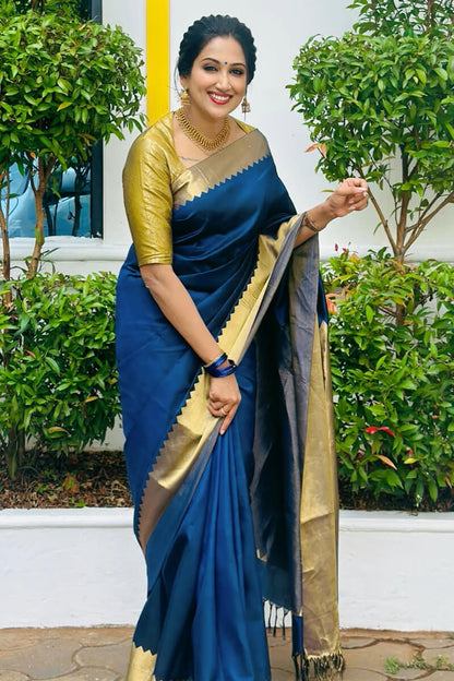 Rhapsody Navy Blue Soft Silk Saree With Fairytale Blouse Piece