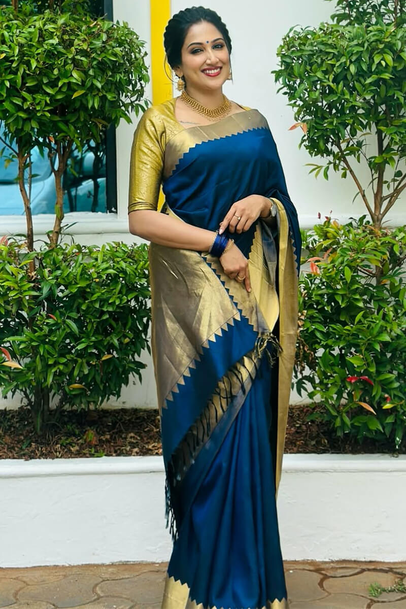 Rhapsody Navy Blue Soft Silk Saree With Fairytale Blouse Piece
