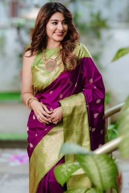 Stylish Purple Soft Silk Saree With Elision Blouse Piece