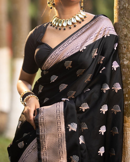 Nebula Black Soft Silk Saree With Epiphany Blouse Piece
