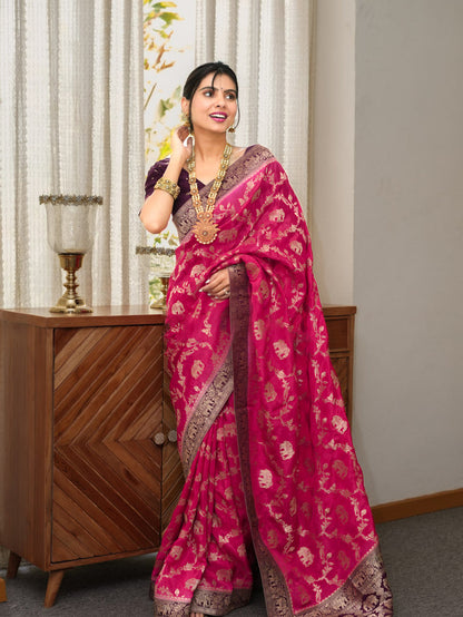 Posh Dark Pink Soft Silk Saree With Exuberant Blouse Piece