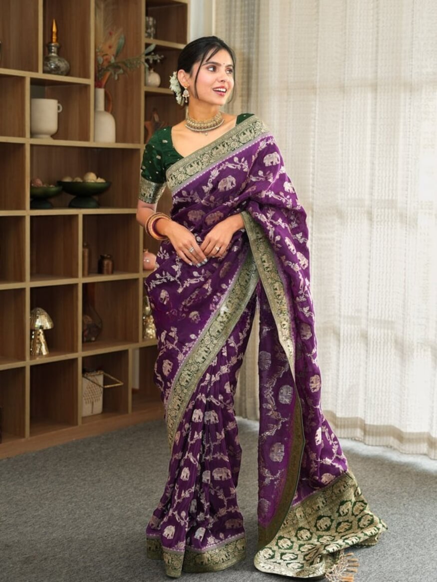 Scintilla Purple Soft Silk Saree With Eloquence Blouse Piece