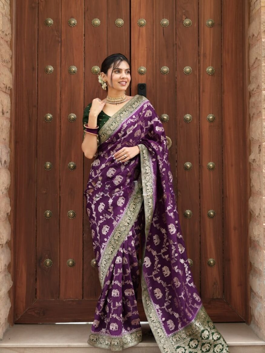 Scintilla Purple Soft Silk Saree With Eloquence Blouse Piece