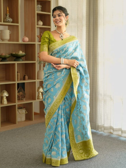 Devastating Sky Soft Silk Saree With Glamorous Blouse Piece