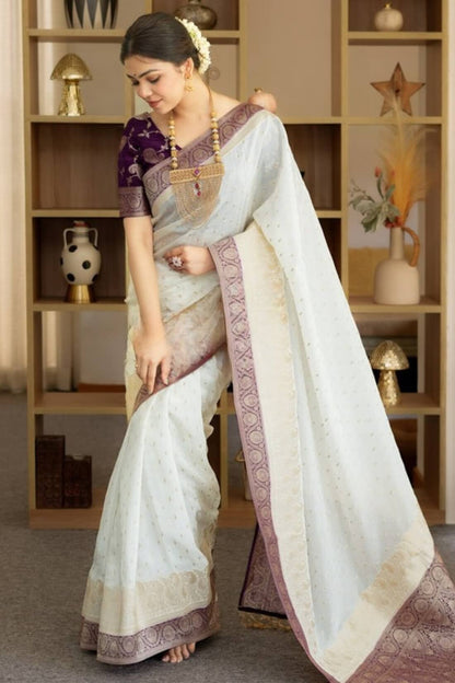 Girlish Beige Soft Silk Saree With Outstanding Blouse Piece