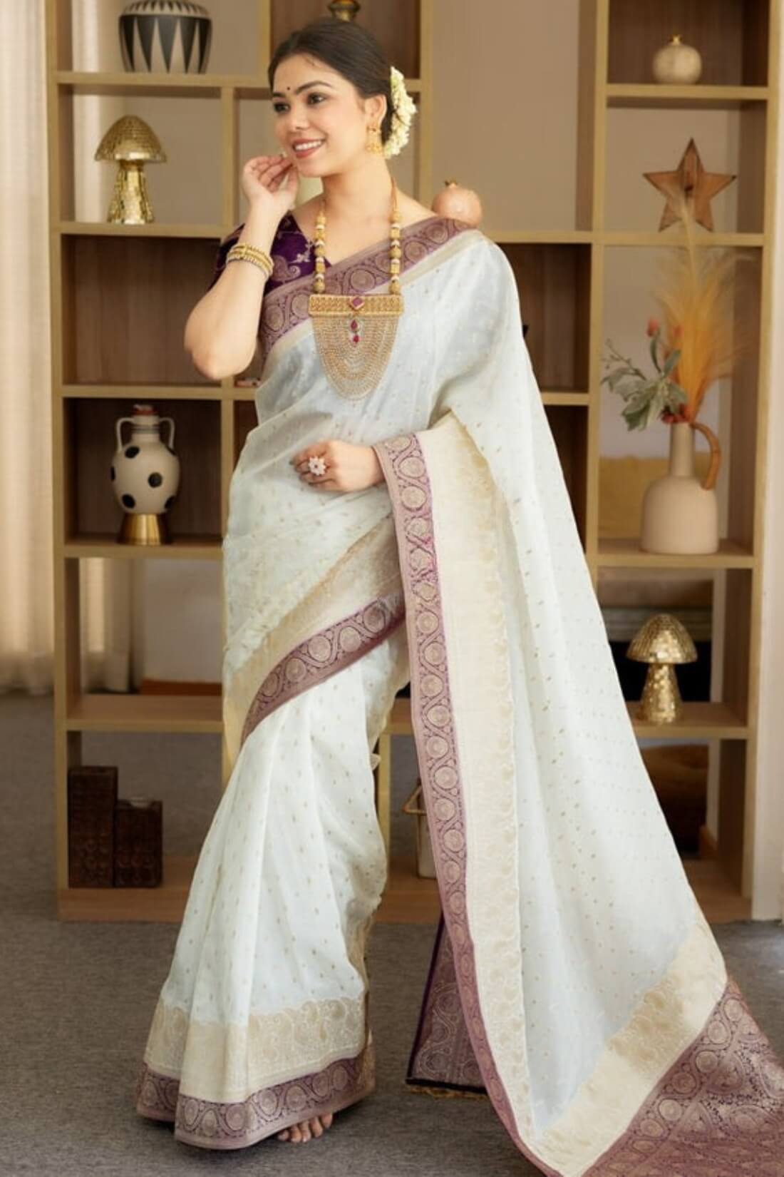 Girlish Beige Soft Silk Saree With Outstanding Blouse Piece