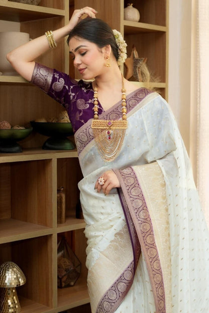 Girlish Beige Soft Silk Saree With Outstanding Blouse Piece