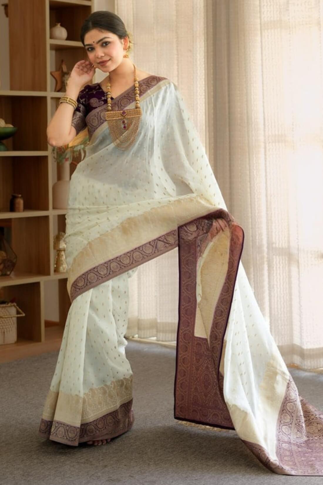 Girlish Beige Soft Silk Saree With Outstanding Blouse Piece