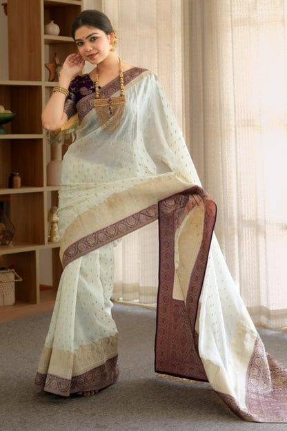 Girlish Beige Soft Silk Saree With Outstanding Blouse Piece