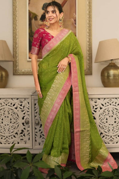 Twirling Green Soft Silk Saree With Vivacious Blouse Piece