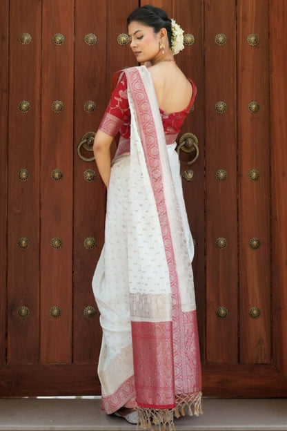 Admirable Off White Soft Silk Saree With Gossamer Blouse Piece