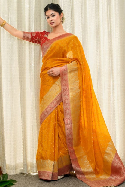 Lustrous Orange Soft Silk Saree With Elaborate Blouse Piece