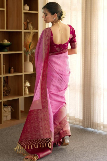 Pulsating Pink Soft Silk Saree With Opulent Blouse Piece