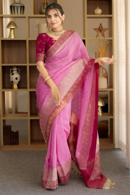 Pulsating Pink Soft Silk Saree With Opulent Blouse Piece