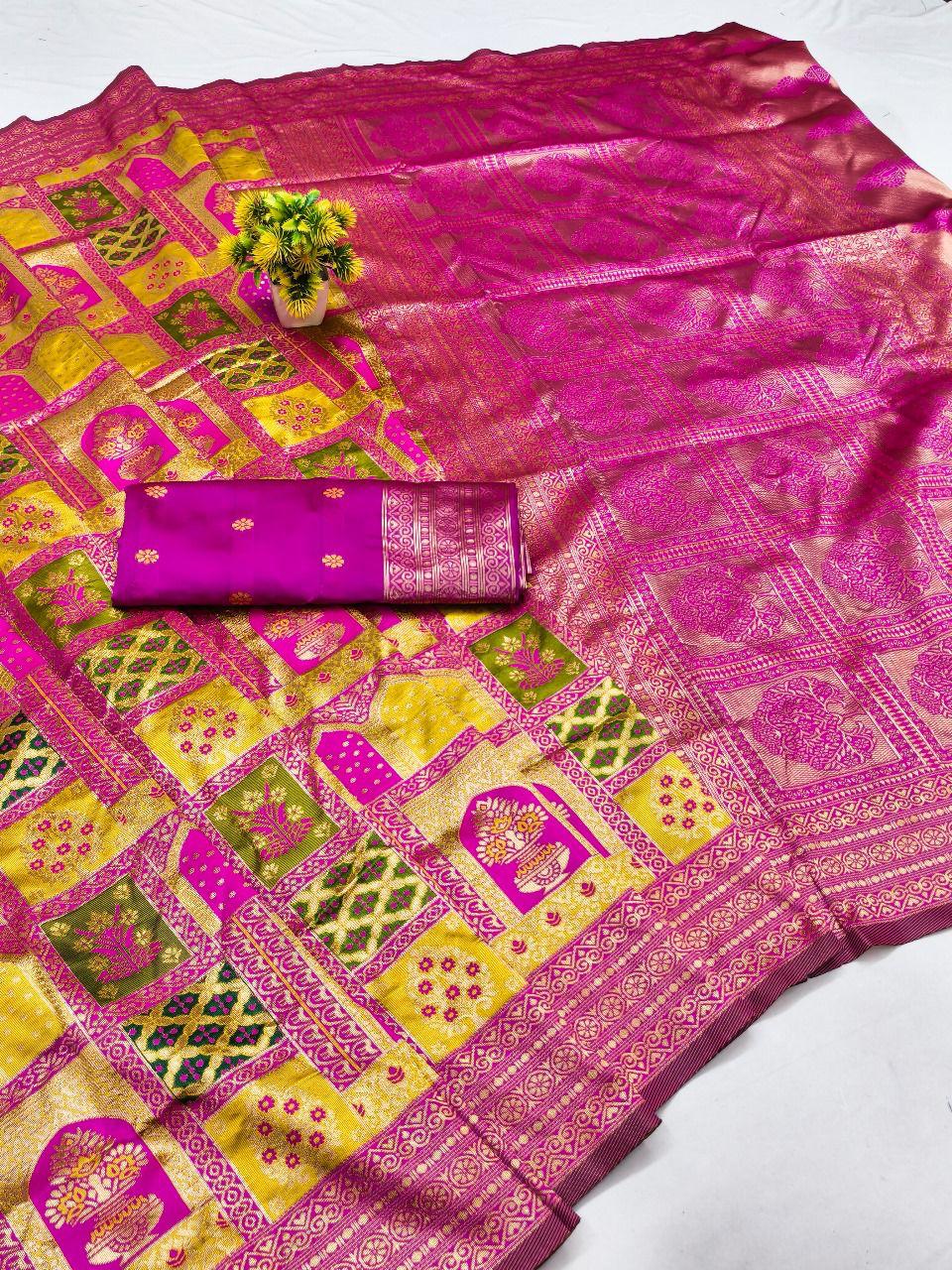 Lustrous Dark Pink Soft Silk Saree With Innovative Blouse Piece