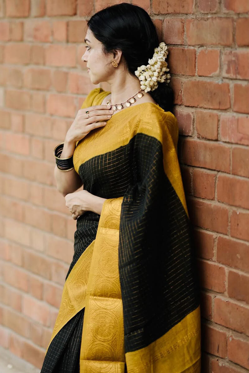 Comely Black Soft Silk Saree With Enigmatic Blouse Piece