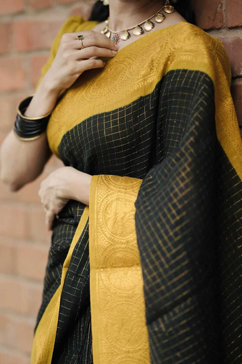 Comely Black Soft Silk Saree With Enigmatic Blouse Piece