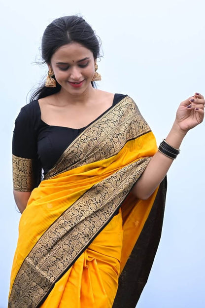 Moiety Mustard Soft Silk Saree With Transcendent Blouse Piece