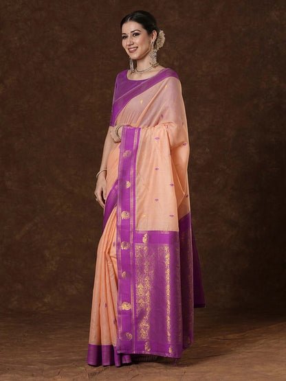 Profuse Peach Cotton Silk Saree With Demesne Blouse Piece
