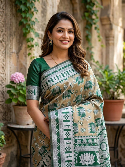 Pulsating Green Pure Zari Weaving Banarasi Silk Saree With Efflorescence Blouse Piece