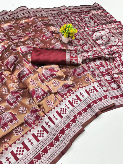 Transcendent Maroon Pure Zari Weaving Banarasi Silk Saree With Beautiful Blouse Piece