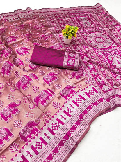 Luxuriant Pink Pure Zari Weaving Banarasi Silk Saree With Beleaguer Blouse Piece
