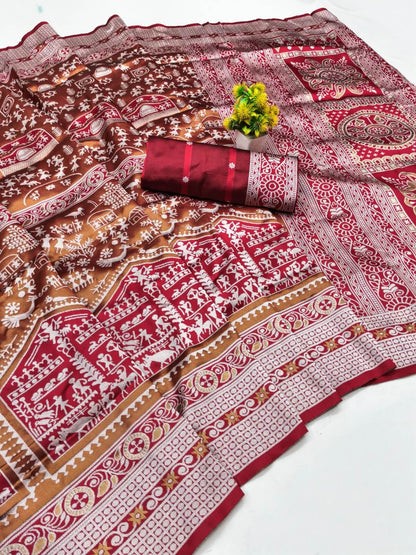 Beauteous Maroon Pure Zari Weaving Banarasi Silk Saree With Denouement Blouse Piece