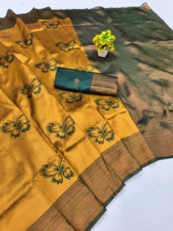 Proficient Yellow Pure Zari Weaving Banarasi Silk Saree With Amiable Blouse Piece